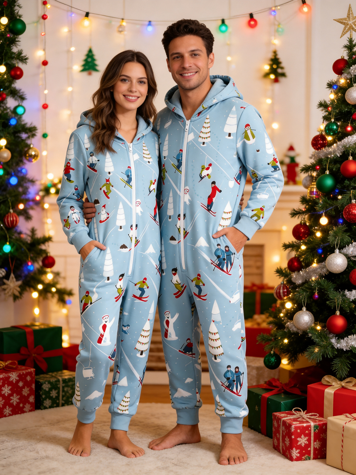 Alpine Skier & Snowy Pine Tree Blue Christmas Women Hooded Onesie - Zip-Up Loungewear