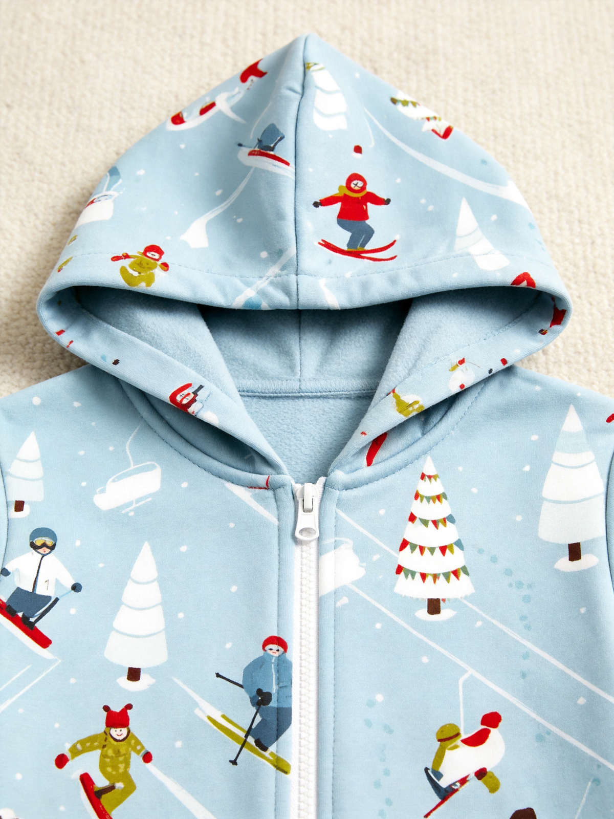 Alpine Skier & Snowy Pine Tree Blue Christmas Women Hooded Onesie - Zip-Up Loungewear