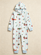 Festive Dachshund Dog & Stripe Blue Christmas Women Hooded Onesie - Zip-Up Loungewear
