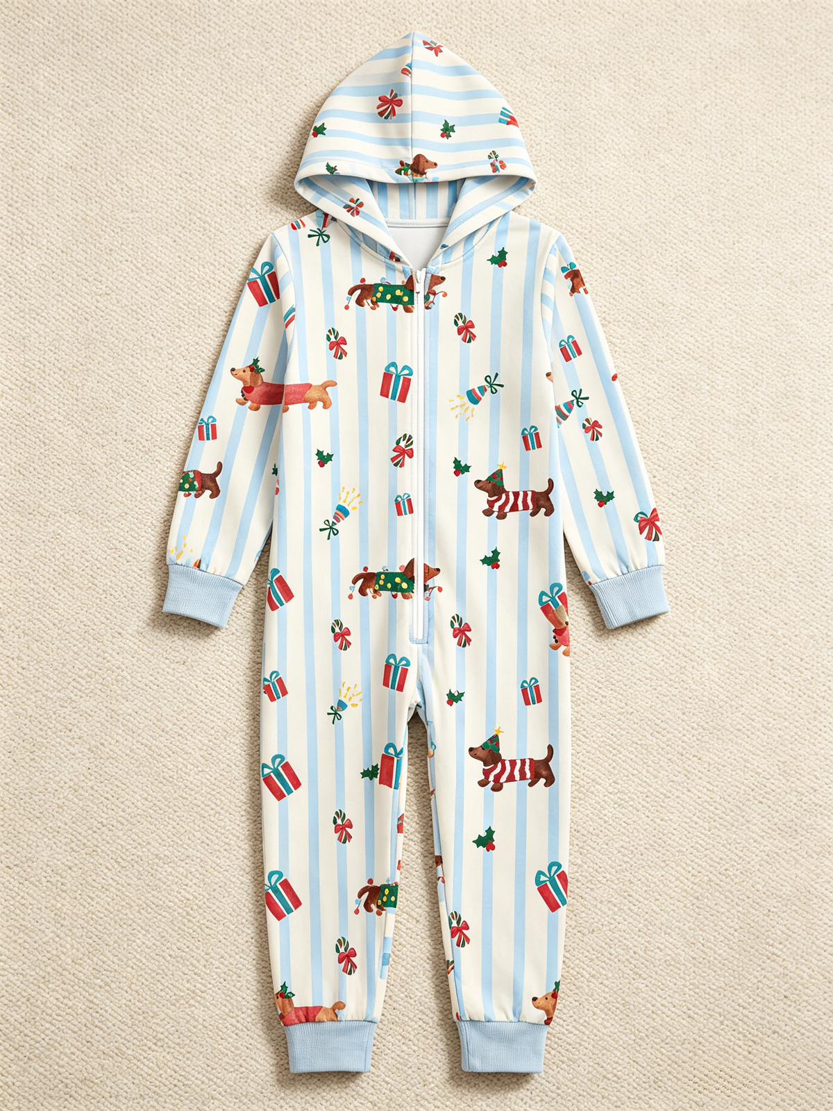 Festive Dachshund Dog & Stripe Blue Christmas Women Hooded Onesie - Zip-Up Loungewear