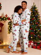 Festive Dachshund Dog & Stripe Blue Christmas Women Hooded Onesie - Zip-Up Loungewear