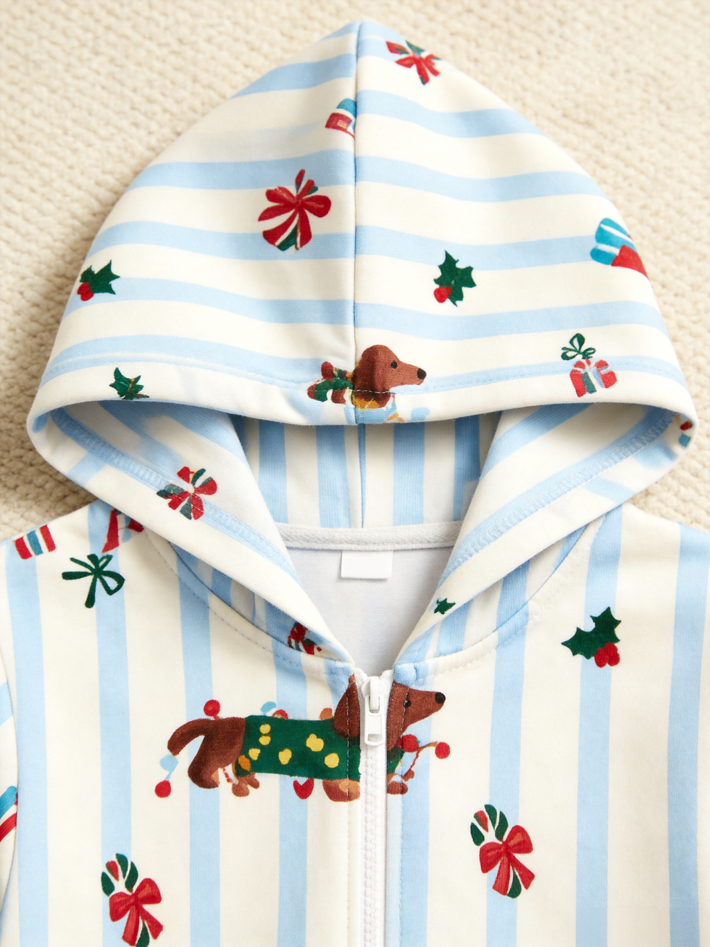Festive Dachshund Dog & Stripe Blue Christmas Women Hooded Onesie - Zip-Up Loungewear