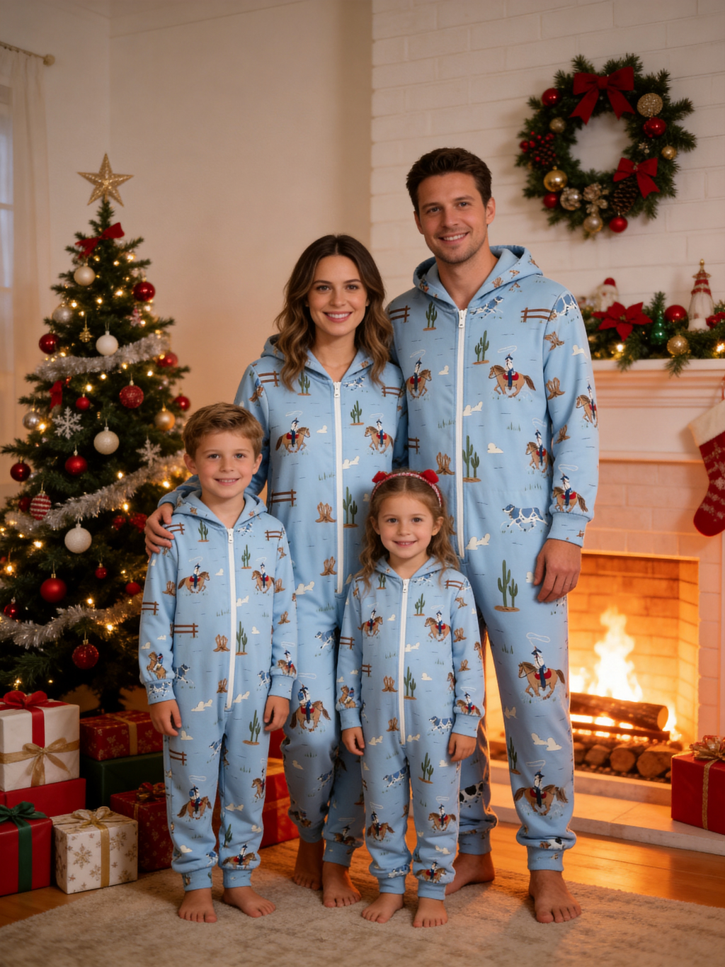 Western Cowboy, Horse & Cactus Blue Christmas Family Hooded Onesie - Zip-Up Loungewear