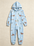 Western Cowboy, Horse & Cactus Blue Christmas Women Hooded Onesie - Zip-Up Loungewear