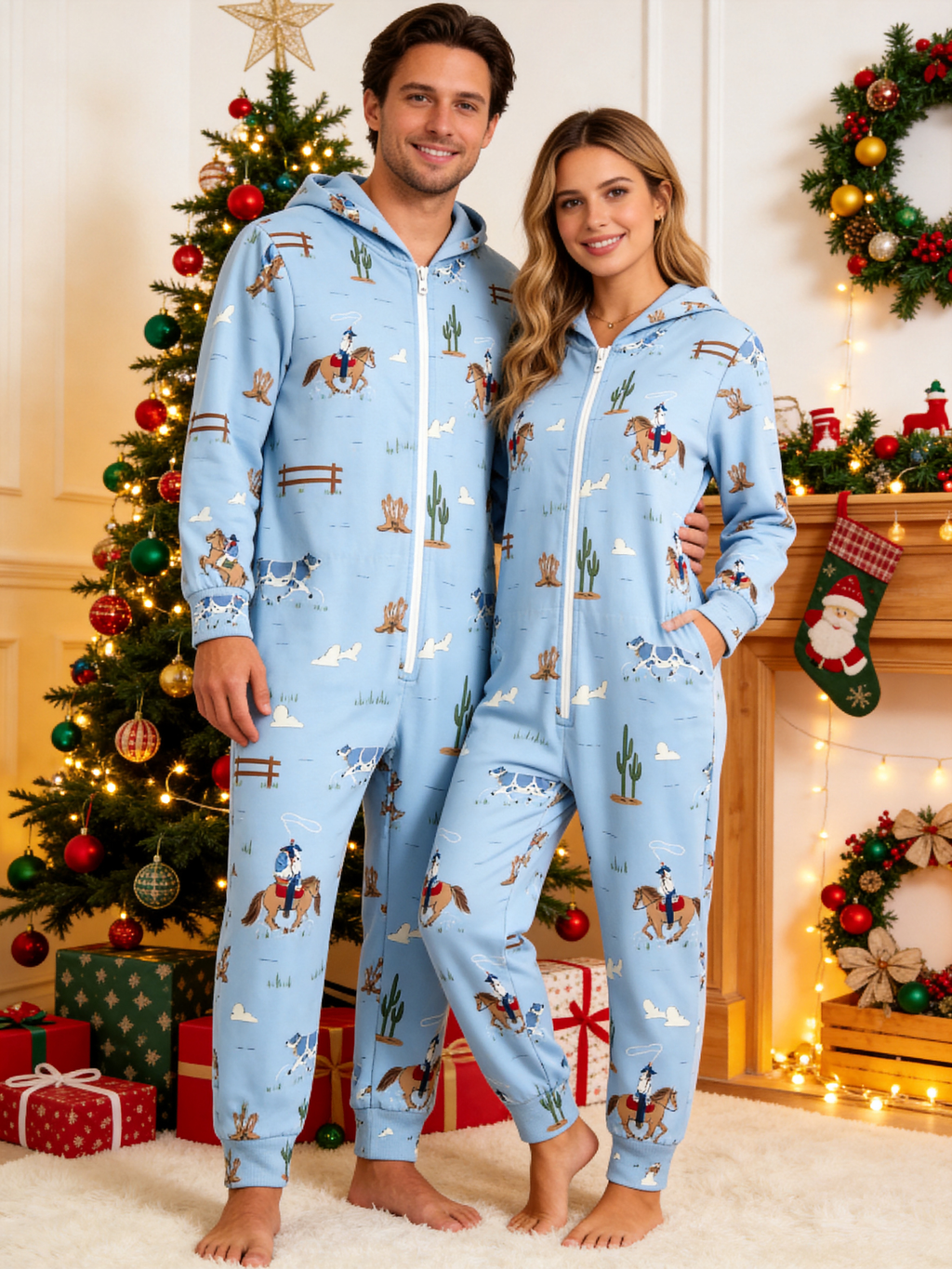 Western Cowboy, Horse & Cactus Blue Christmas Family Hooded Onesie - Zip-Up Loungewear