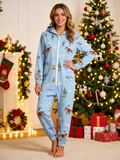 Western Cowboy, Horse & Cactus Blue Christmas Women Hooded Onesie - Zip-Up Loungewear