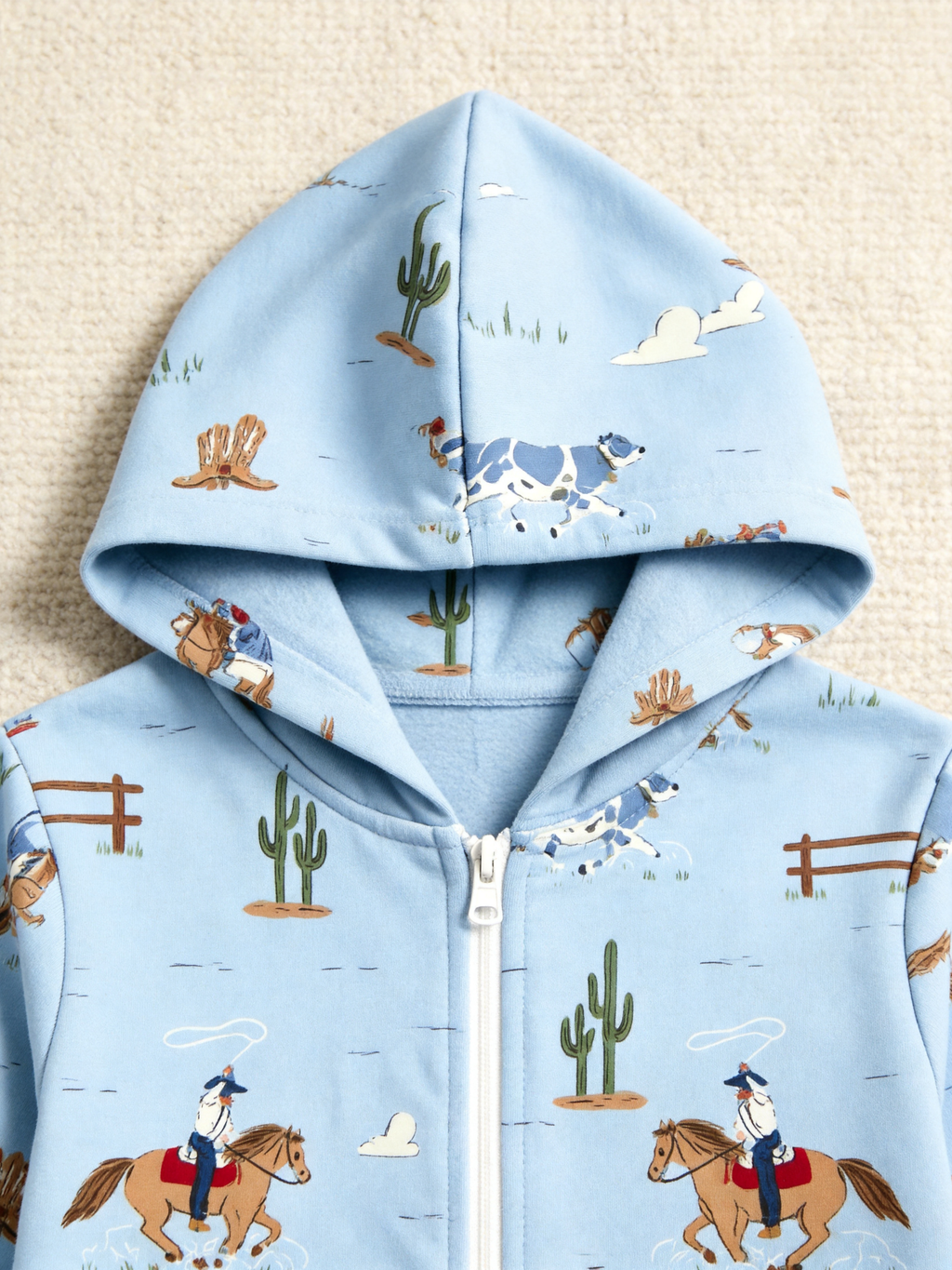 Western Cowboy, Horse & Cactus Blue Christmas Family Hooded Onesie - Zip-Up Loungewear