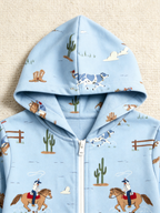 Western Cowboy, Horse & Cactus Blue Christmas Women Hooded Onesie - Zip-Up Loungewear
