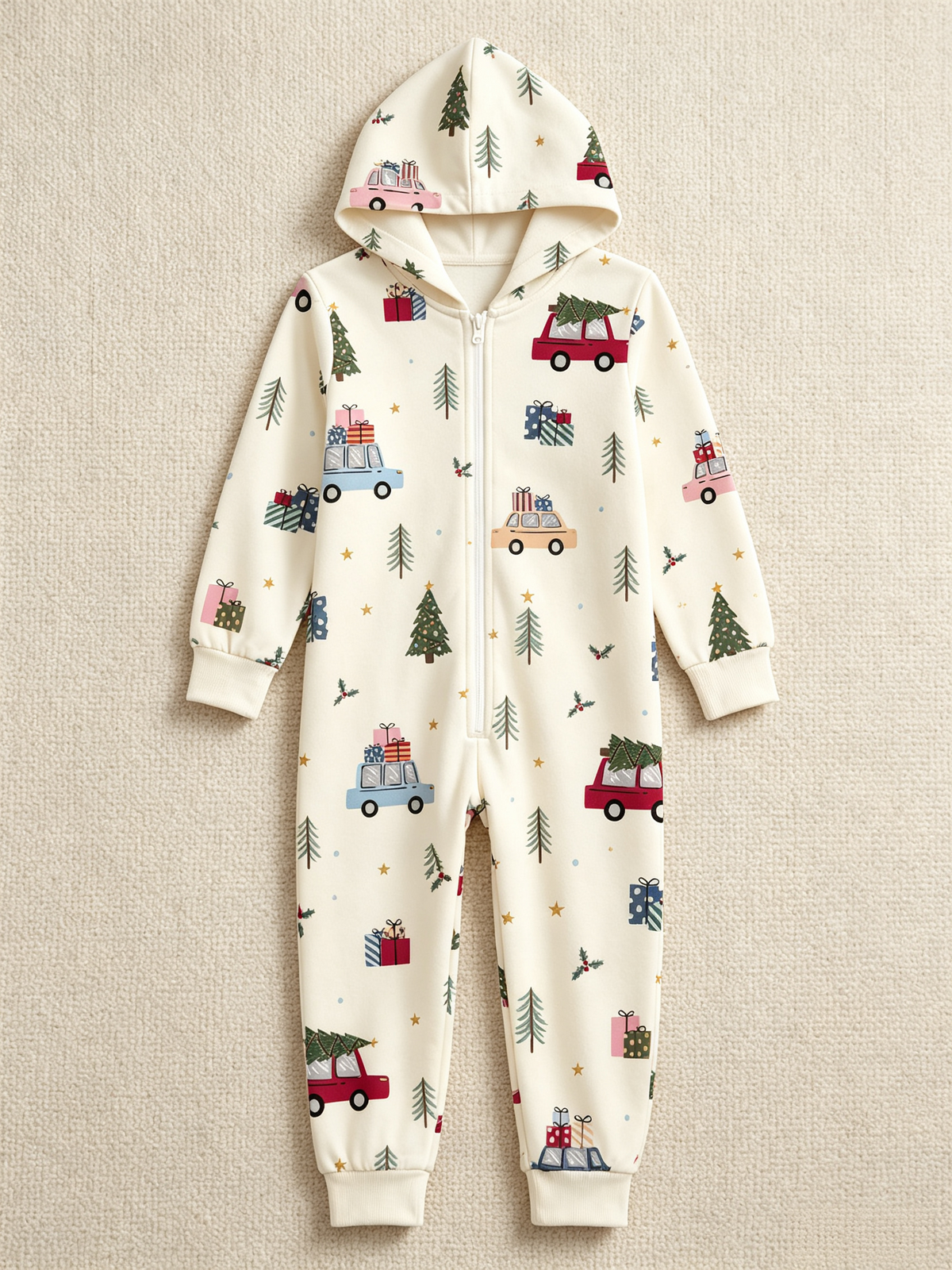 Christmas Car, Tree & Gift Box Cream Family Hooded Onesie - Zip-Up Loungewear
