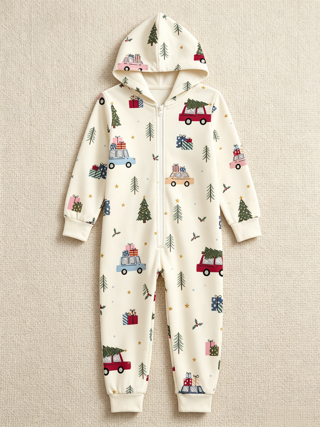 Christmas Car, Tree & Gift Box Cream Women Hooded Onesie - Zip-Up Loungewear