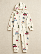 Christmas Car, Tree & Gift Box Cream Women Hooded Onesie - Zip-Up Loungewear