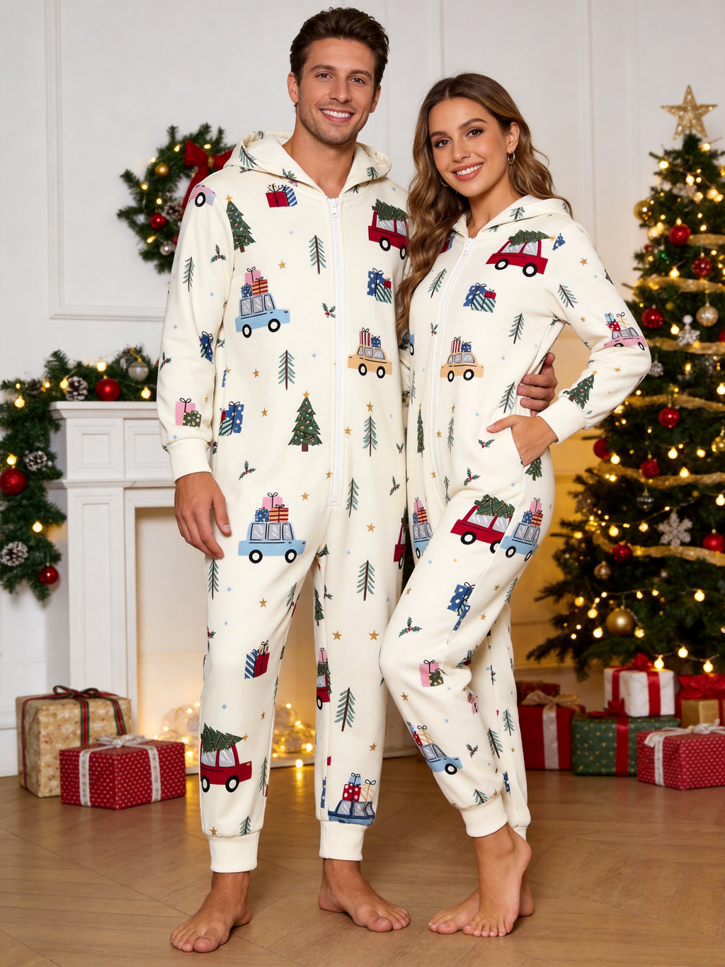 Christmas Car, Tree & Gift Box Cream Women Hooded Onesie - Zip-Up Loungewear