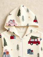 Christmas Car, Tree & Gift Box Cream Women Hooded Onesie - Zip-Up Loungewear