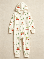 Red Car & Christmas Tree Cream Women Hooded Onesie - Zip-Up Loungewear