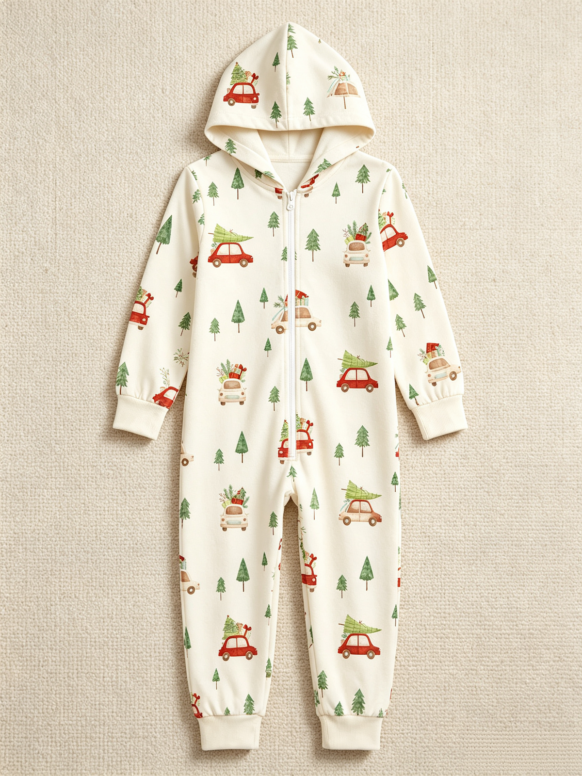 Red Car & Christmas Tree Cream Women Hooded Onesie - Zip-Up Loungewear