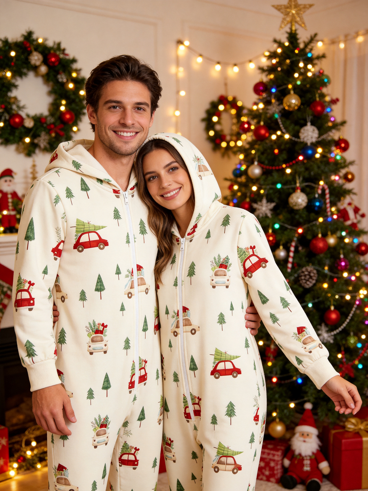 Red Car & Christmas Tree Cream Women Hooded Onesie - Zip-Up Loungewear