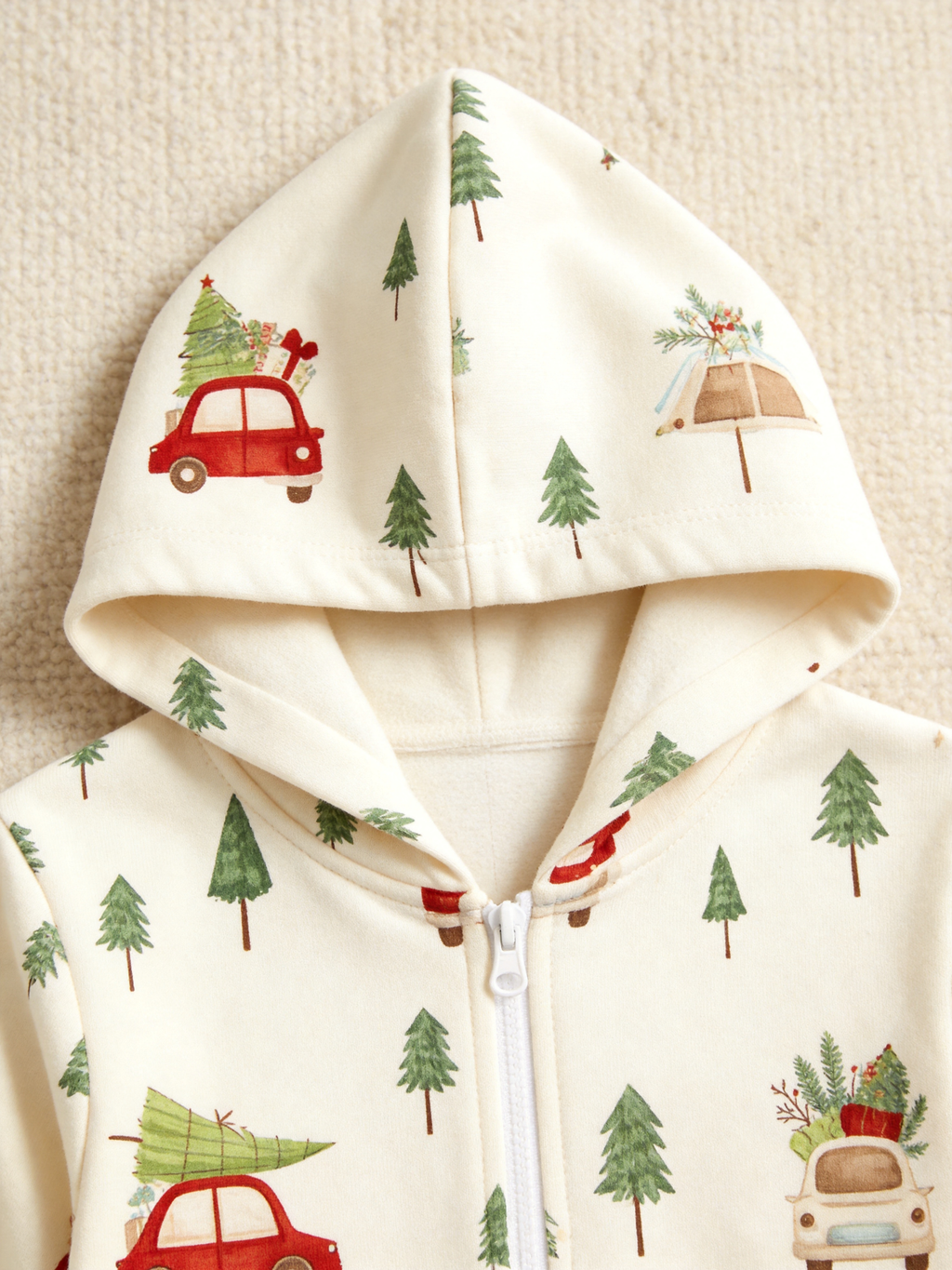 Red Car & Christmas Tree Cream Women Hooded Onesie - Zip-Up Loungewear