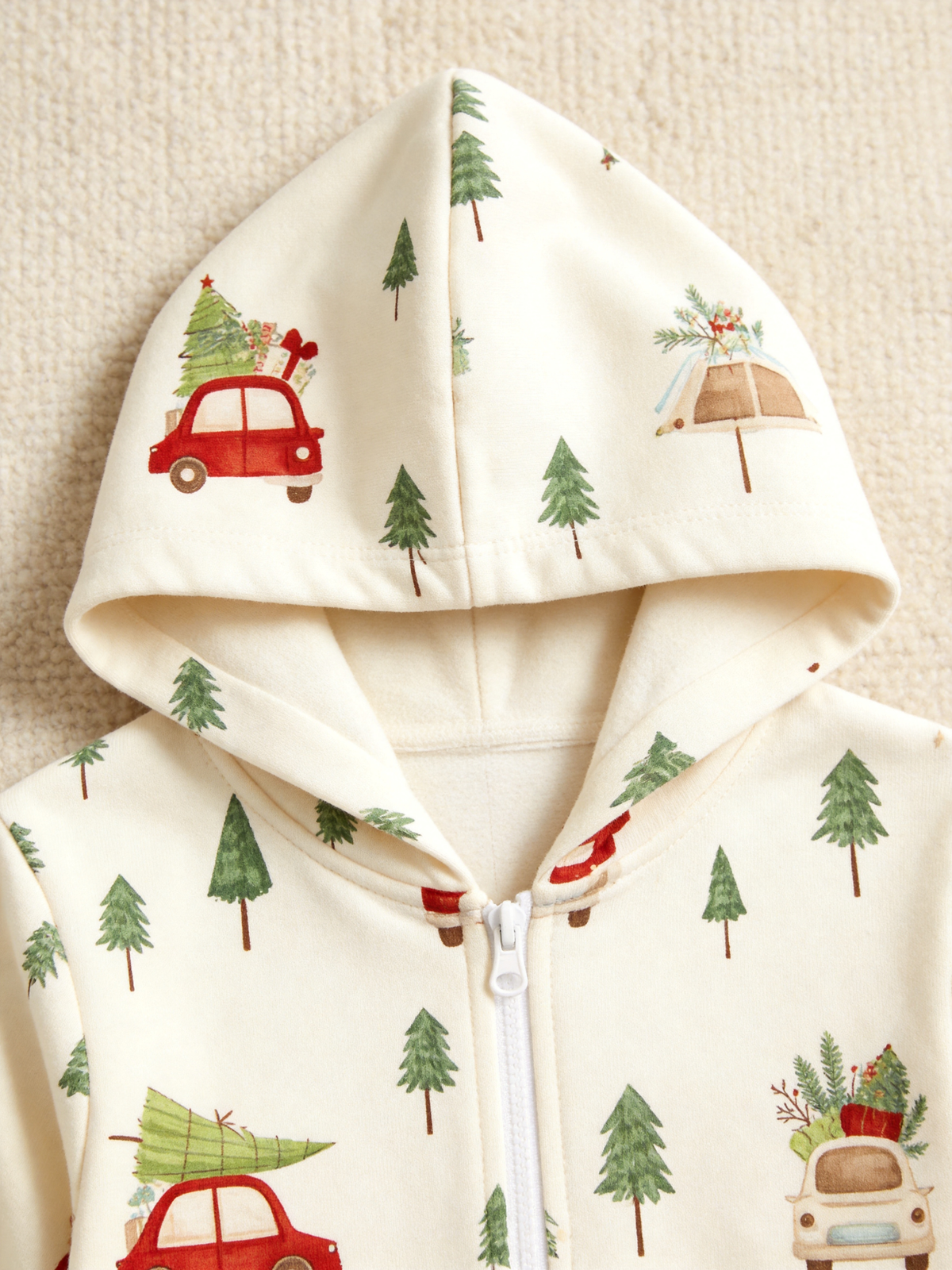 Red Car & Christmas Tree Cream Women Hooded Onesie - Zip-Up Loungewear