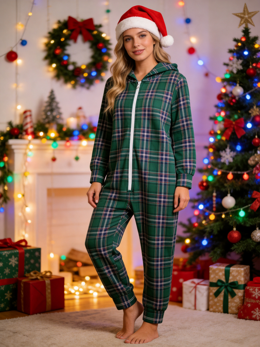 Classic Green Tartan Plaid Hooded Women Christmas Jumpsuit Pajamas