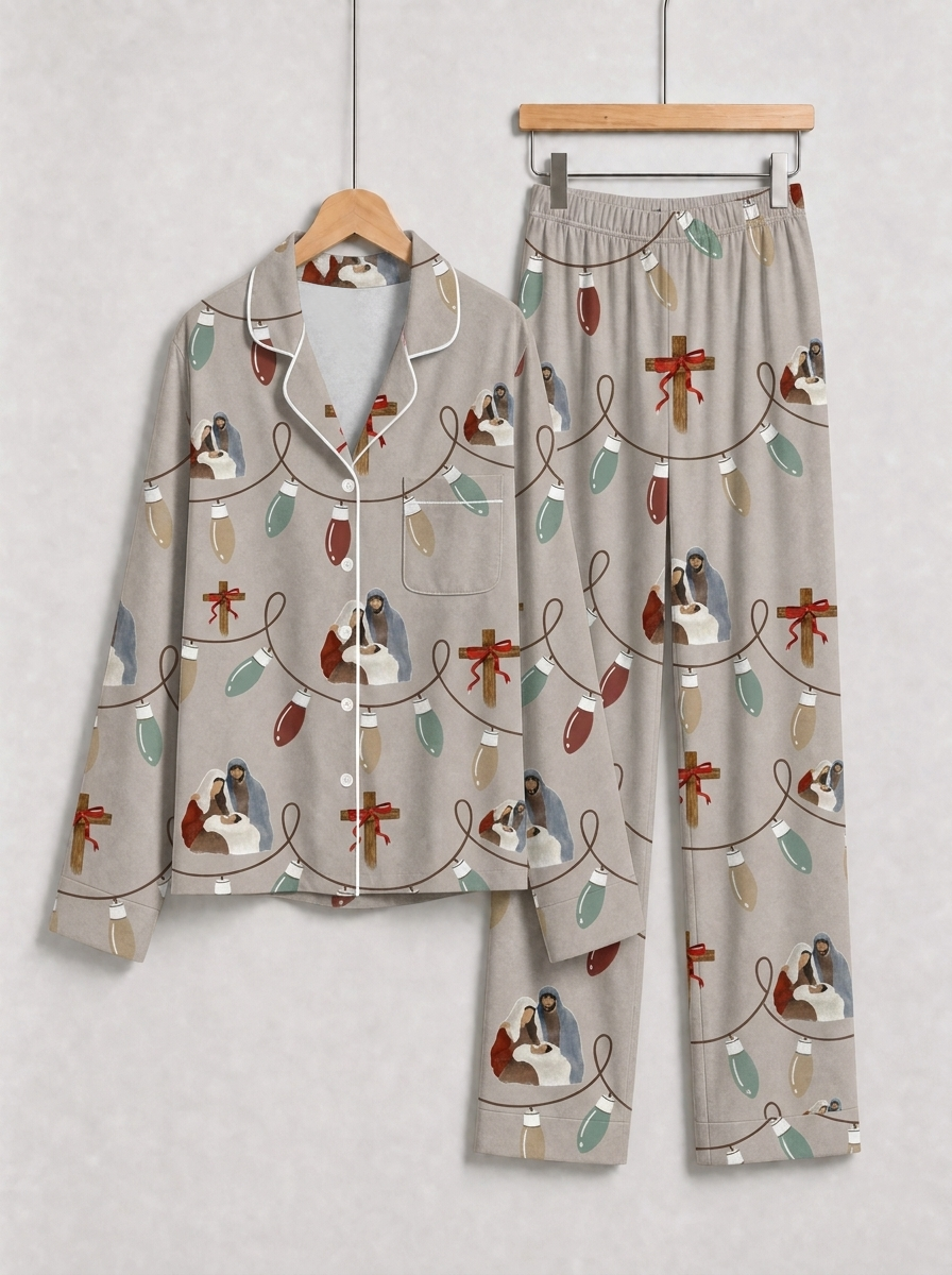 Two-Piece Set Nativity Light String Print Family Christmas Two-Piece Button-Down PJS Long Sleeve Top and Pants with Pockets Winter Holiday Sets