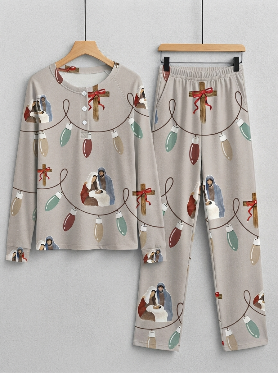 Religious Nativity & Christmas Lights Two-Piece Henley Neck Holiday Couple Pajamas
