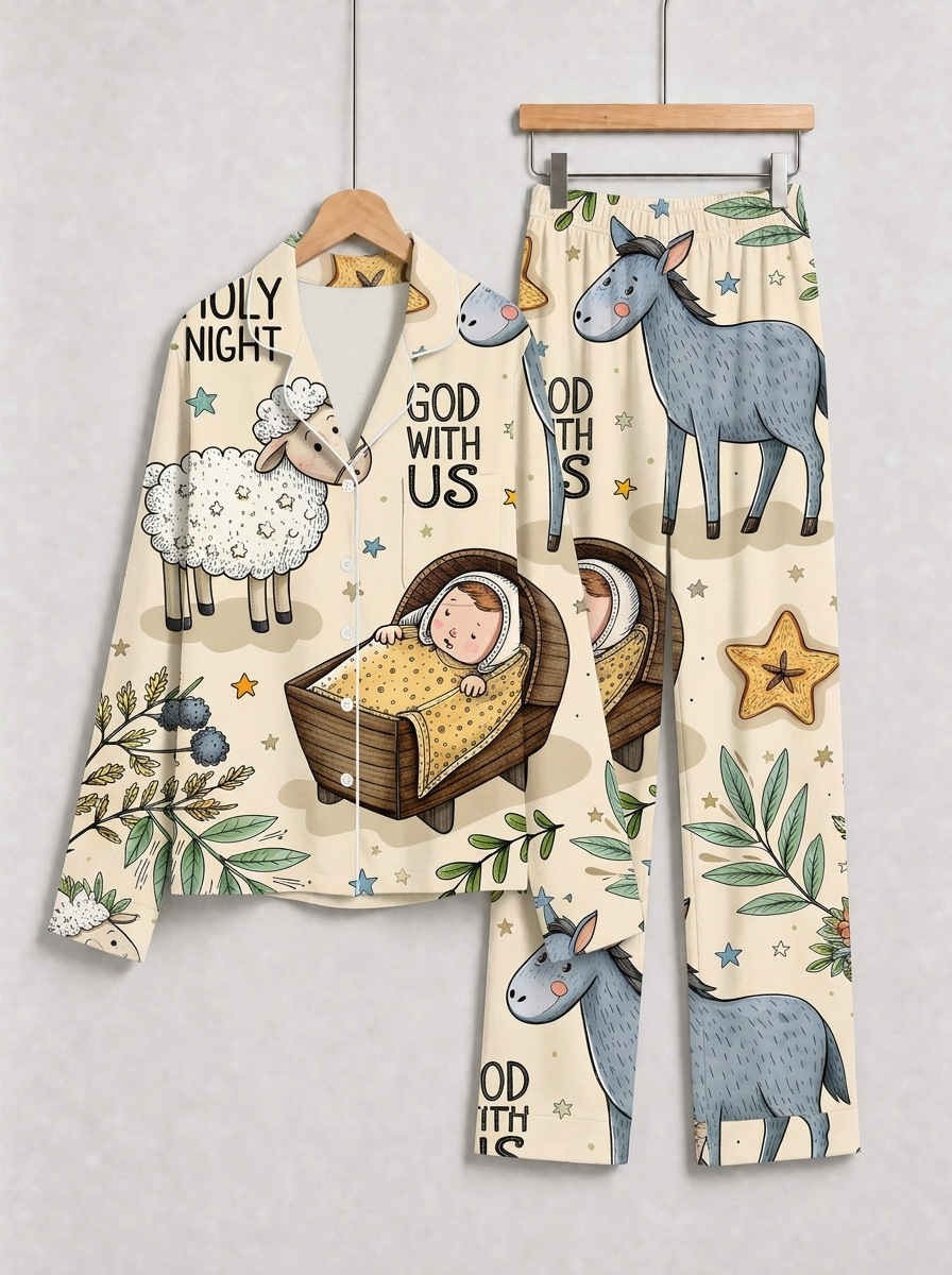Two-Piece Set Holy Night Manger Scene Print Family Christmas Two-Piece Button-Down PJS Long Sleeve Top and Pants with Pockets Winter Holiday Sets