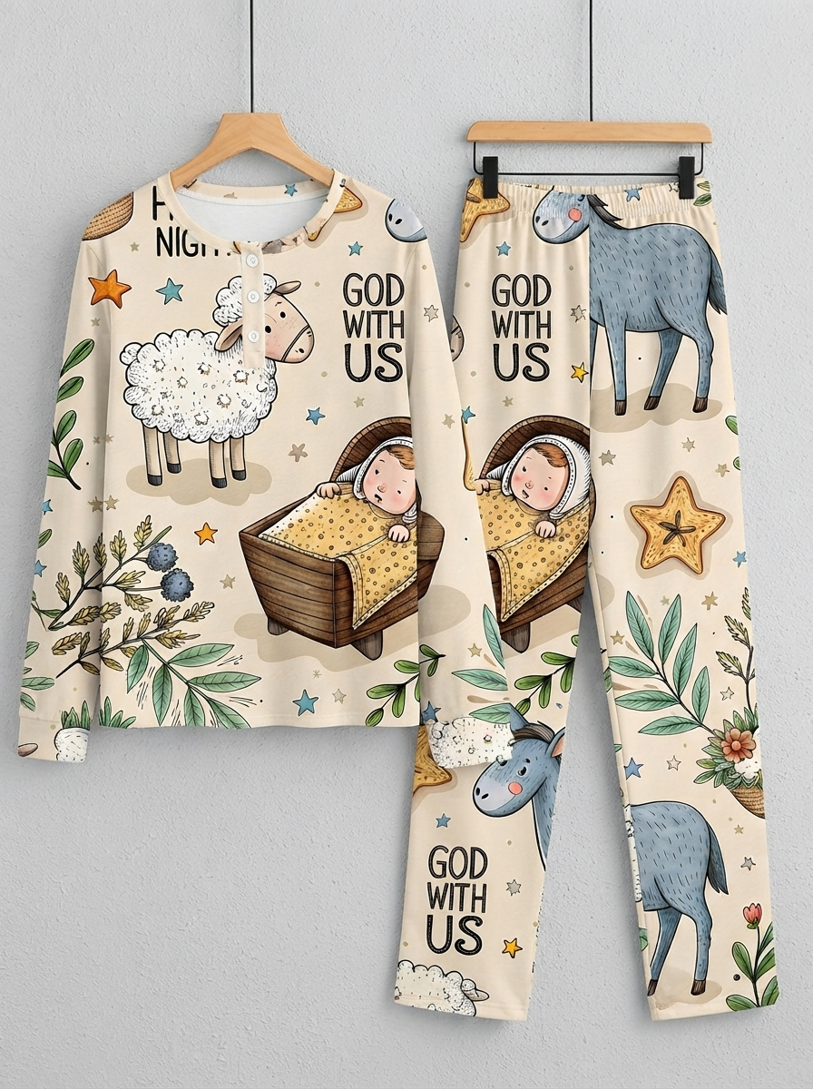Cute Nativity Sheep & God With Us Two-Piece Henley Neck Christmas Couple Pajamas