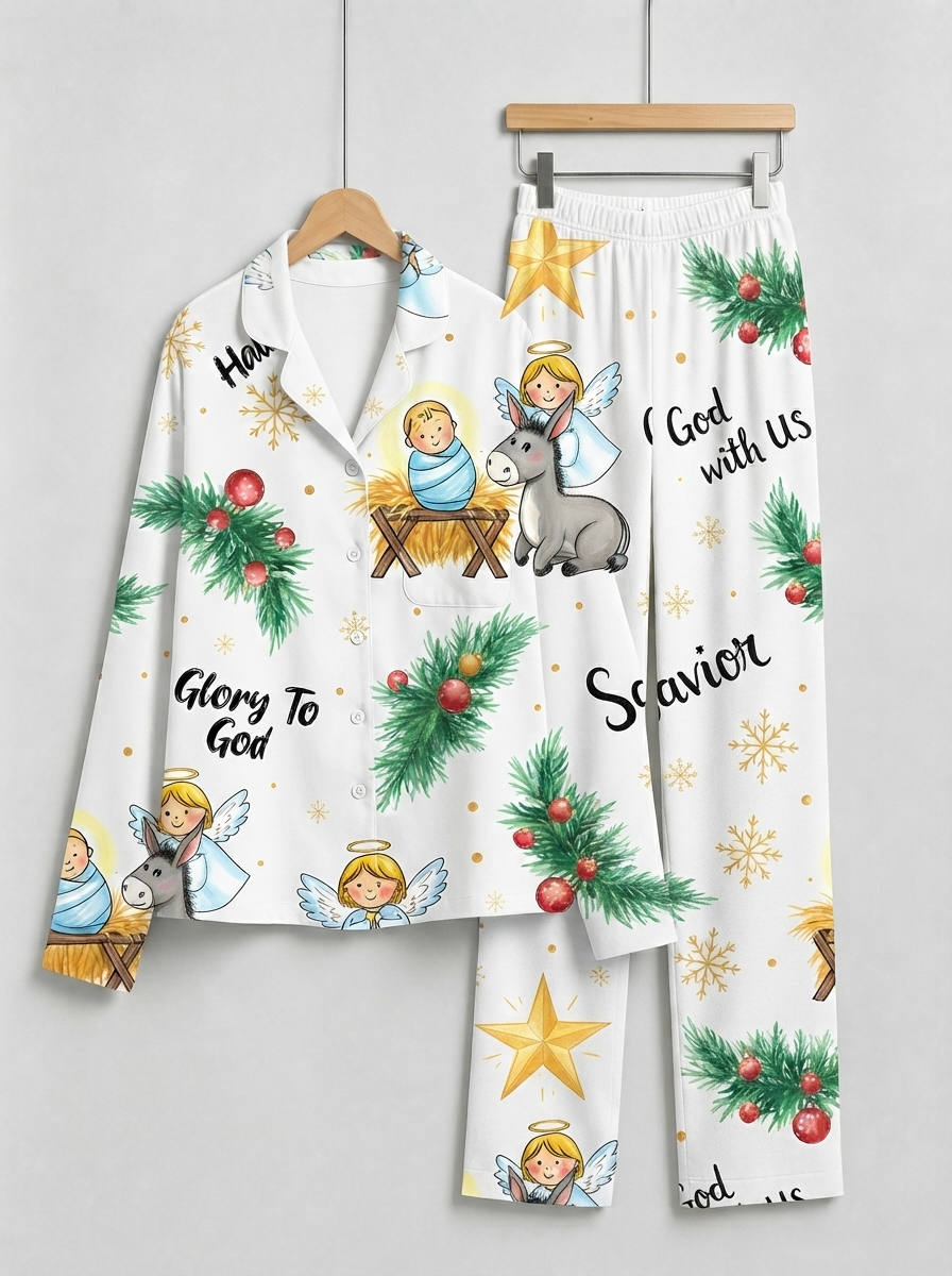 Two-Piece Set Glory To God Angel Print Family Christmas Two-Piece Button-Down PJS Long Sleeve Top and Pants with Pockets Winter Holiday Sets