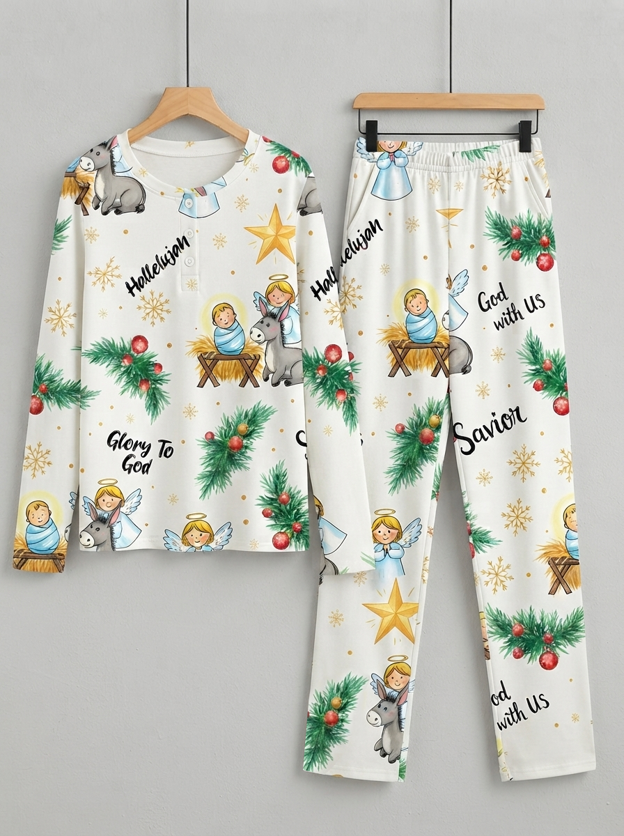 Religious Angel & Nativity Scene Two-Piece Henley Neck Christmas Couple Pajamas