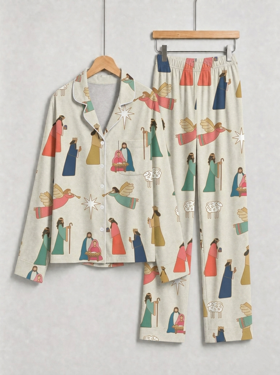 Two-Piece Set Three Wise Men Nativity Print Family Christmas Two-Piece Button-Down PJS Long Sleeve Top and Pants with Pockets Winter Holiday Sets