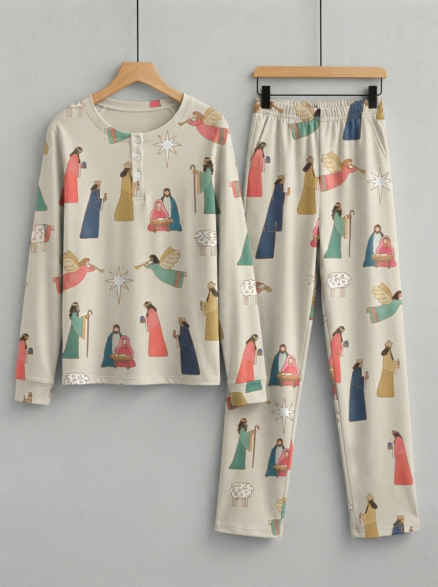 Vintage Three Wise Men & Angel Two-Piece Henley Neck Christmas Couple Pajamas