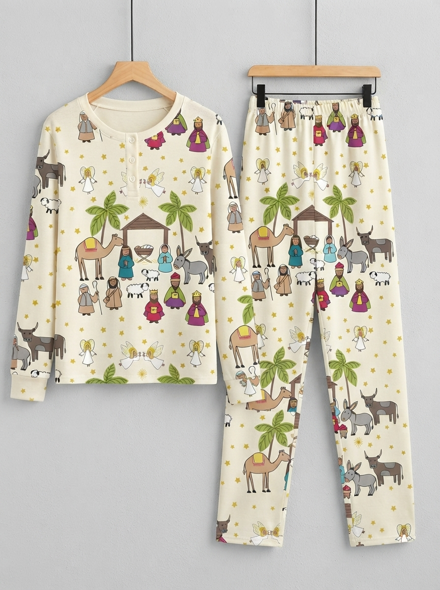 Cute Nativity Camel & Three Wise Men Two-Piece Henley Neck Christmas Couple Pajamas