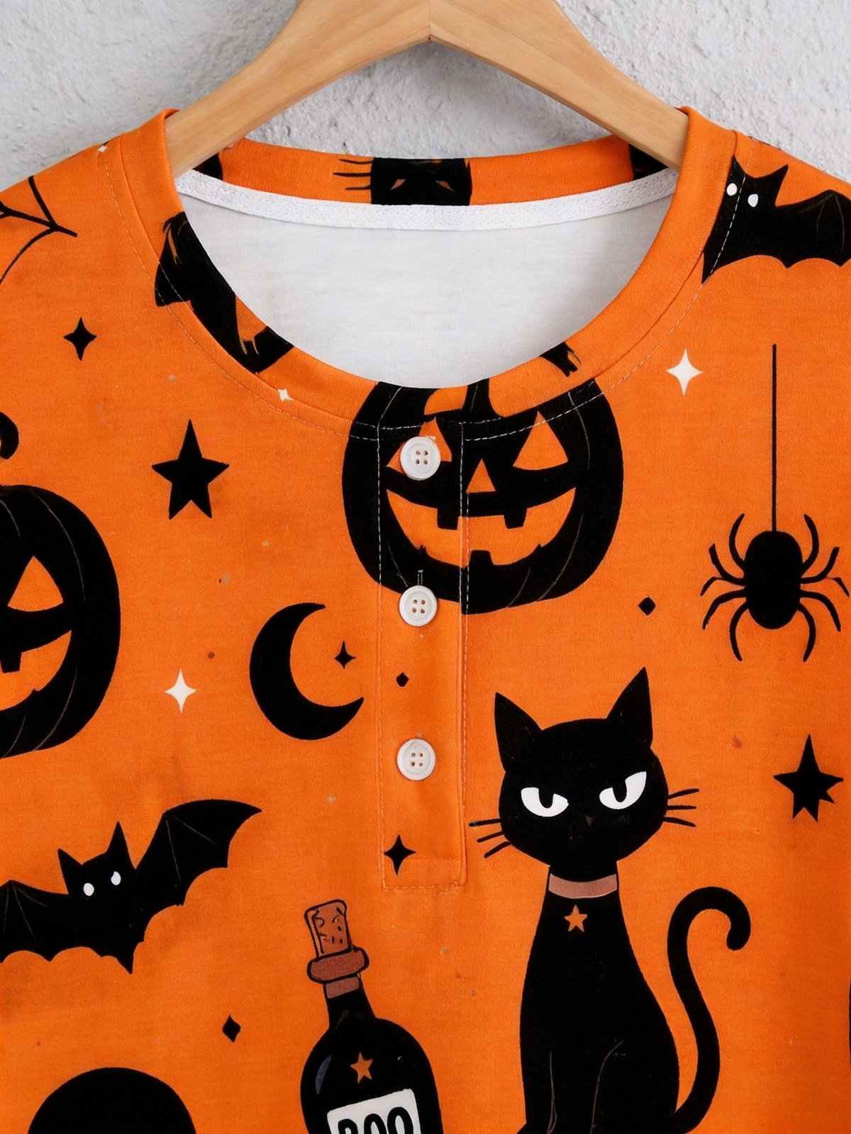 Funny Halloween Pumpkin & Black Cat Two-Piece Henley Neck Holiday Couple Pajamas