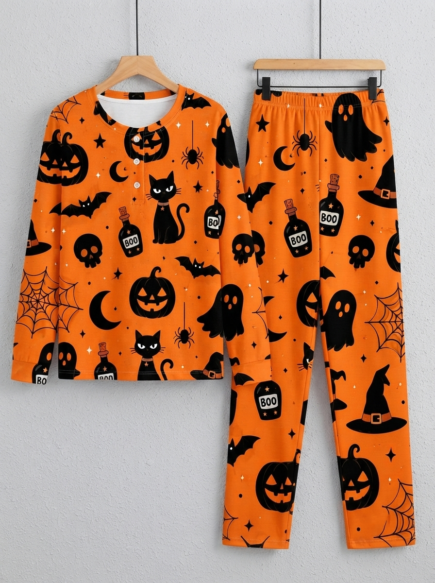 Funny Halloween Pumpkin & Black Cat Two-Piece Henley Neck Holiday Couple Pajamas