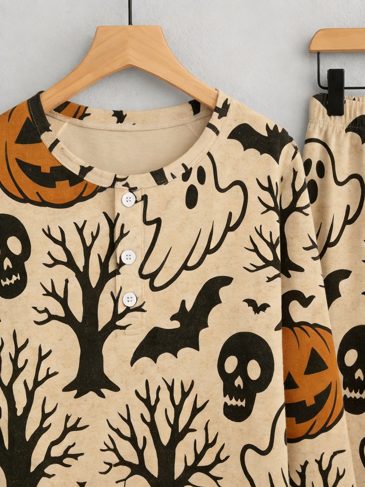 Spooky Halloween Ghost & Bare Tree Two-Piece Henley Neck Holiday Couple Pajamas