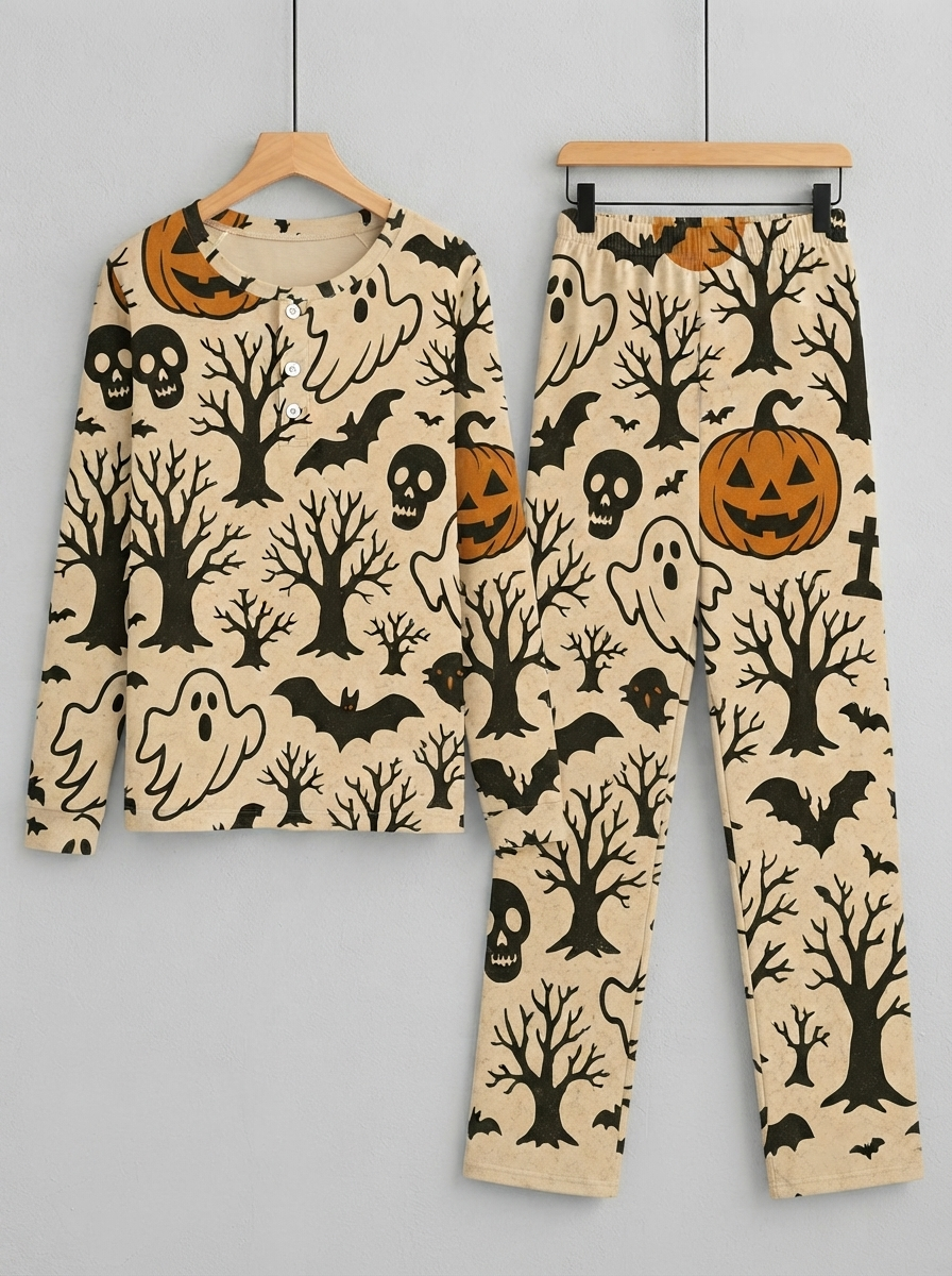 Spooky Halloween Ghost & Bare Tree Two-Piece Henley Neck Holiday Couple Pajamas