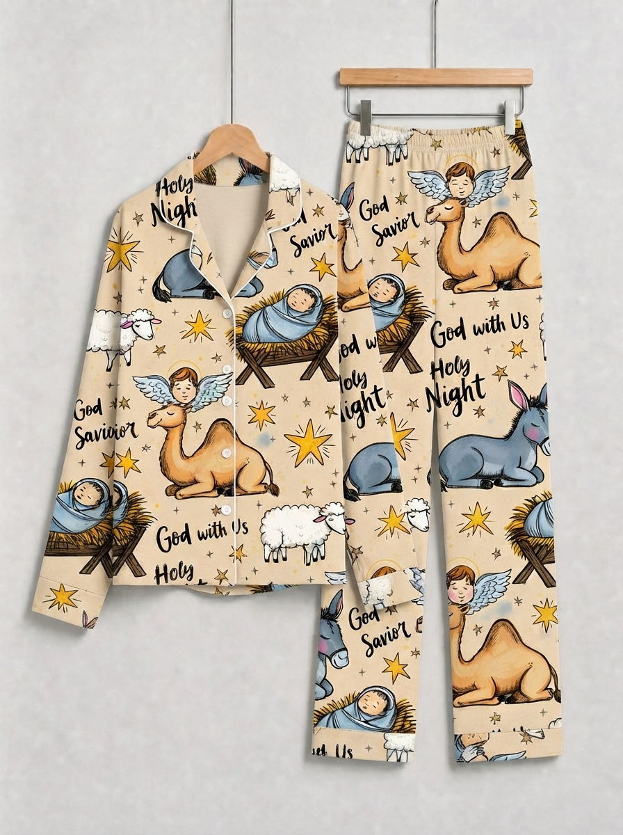 Two-Piece Set Holy Night Baby Jesus Print Family Christmas Two-Piece Button-Down PJS Long Sleeve Top and Pants with Pockets Winter Holiday Sets