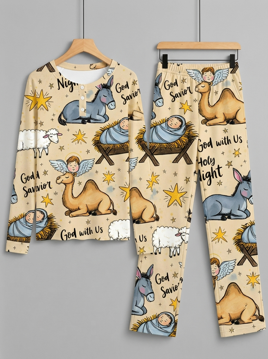 Cute Nativity Scene Baby Jesus & Camel Two-Piece Henley Neck Christmas Couple Pajamas