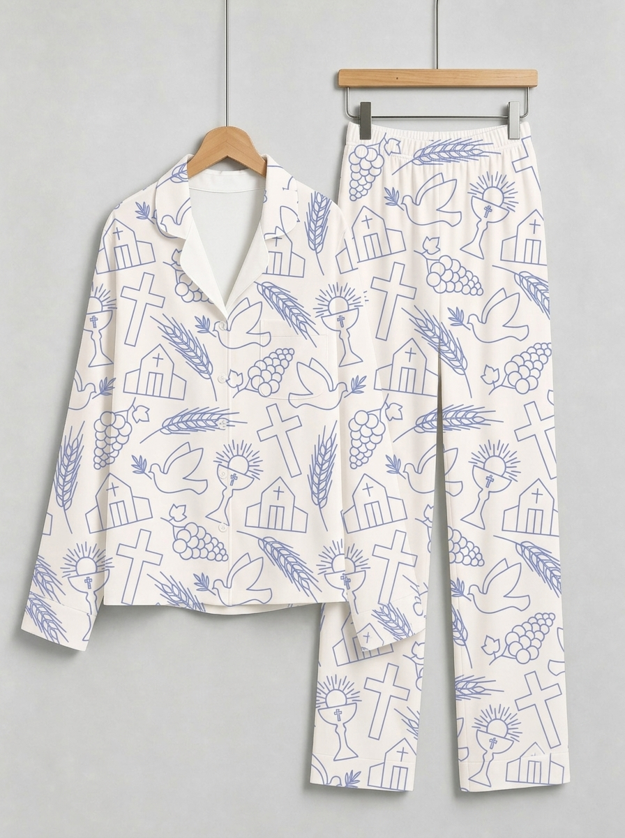 Two-Piece Set Religious Cross Dove Print Family Christian Two-Piece Button-Down PJS Long Sleeve Top and Pants with Pockets Faith Holiday Sets
