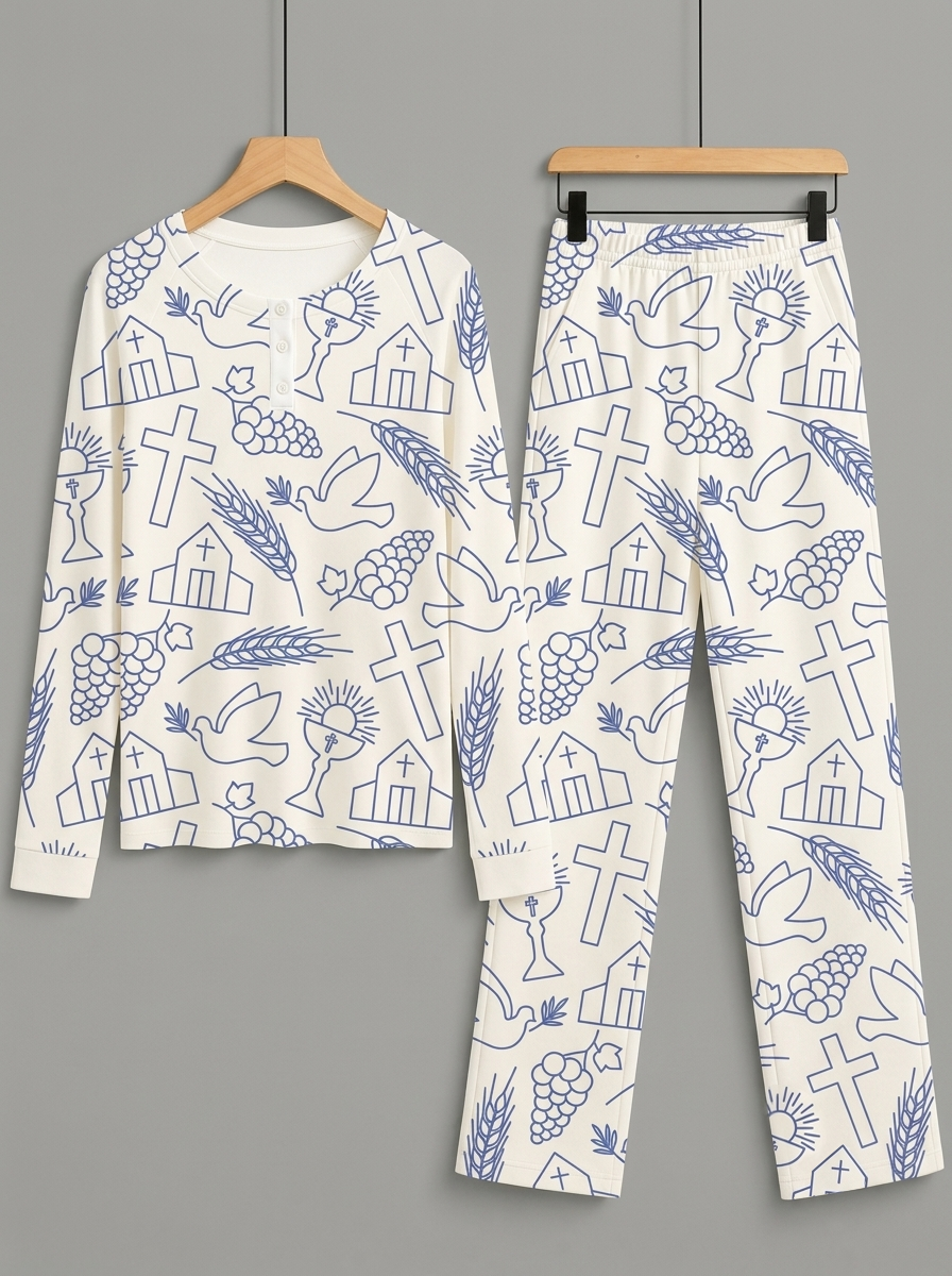 Religious Cross & Dove Line Art Two-Piece Henley Neck Christian Couple Pajamas