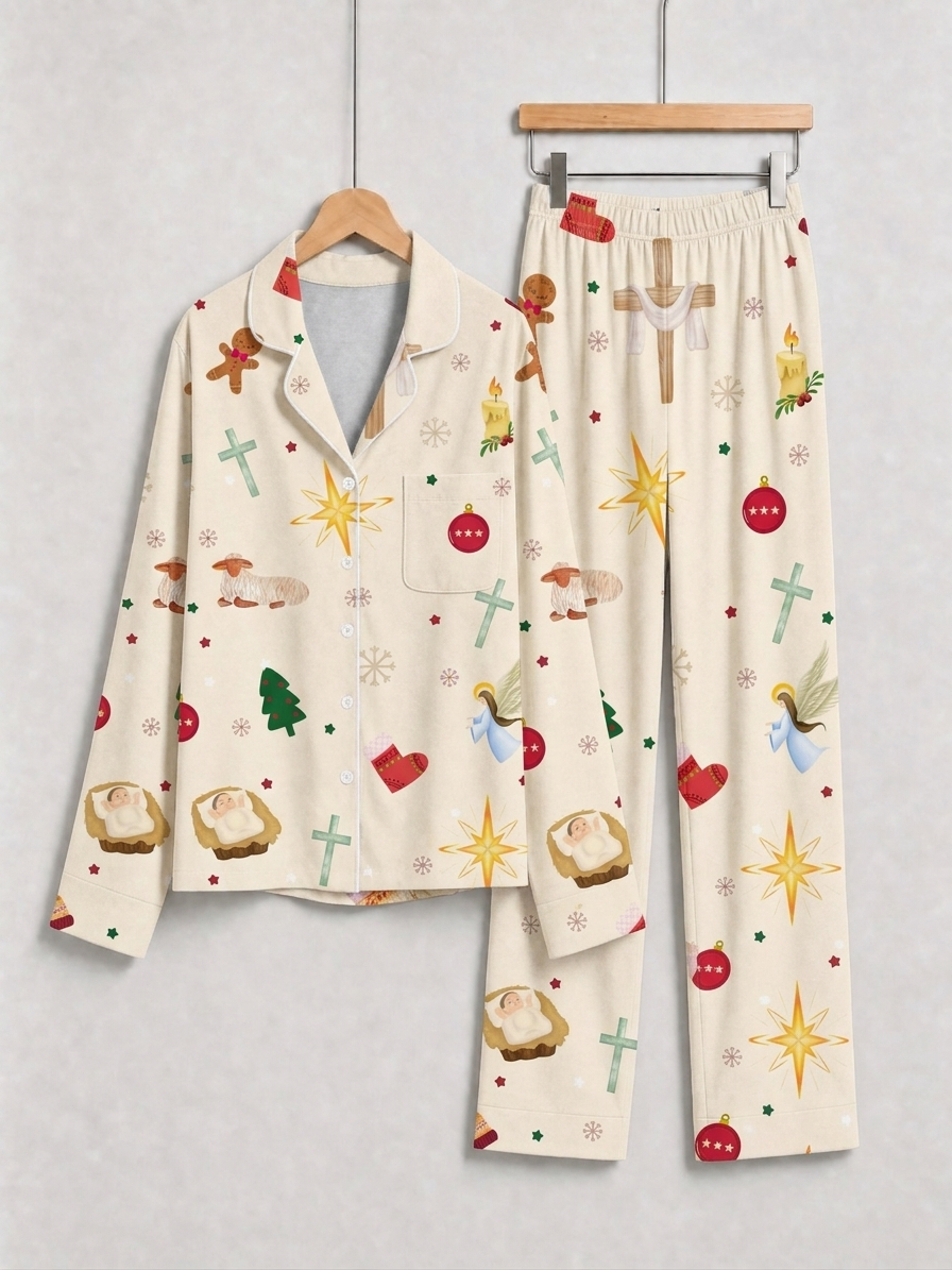 Two-Piece Set Nativity Cross Angel Print Family Christmas Two-Piece Button-Down PJS Long Sleeve Top and Pants with Pockets Winter Holiday Sets
