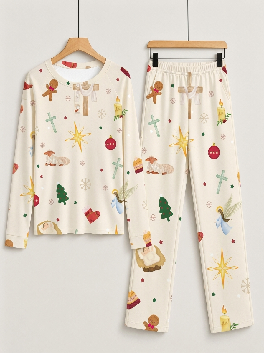 Cute Gingerbread & Nativity Scene Two-Piece Henley Neck Christmas Couple Pajamas