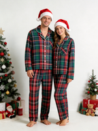 Classic Red & Green Colorblock Tartan Plaid Women Christmas Pajamas - Button-Down Sleep Set