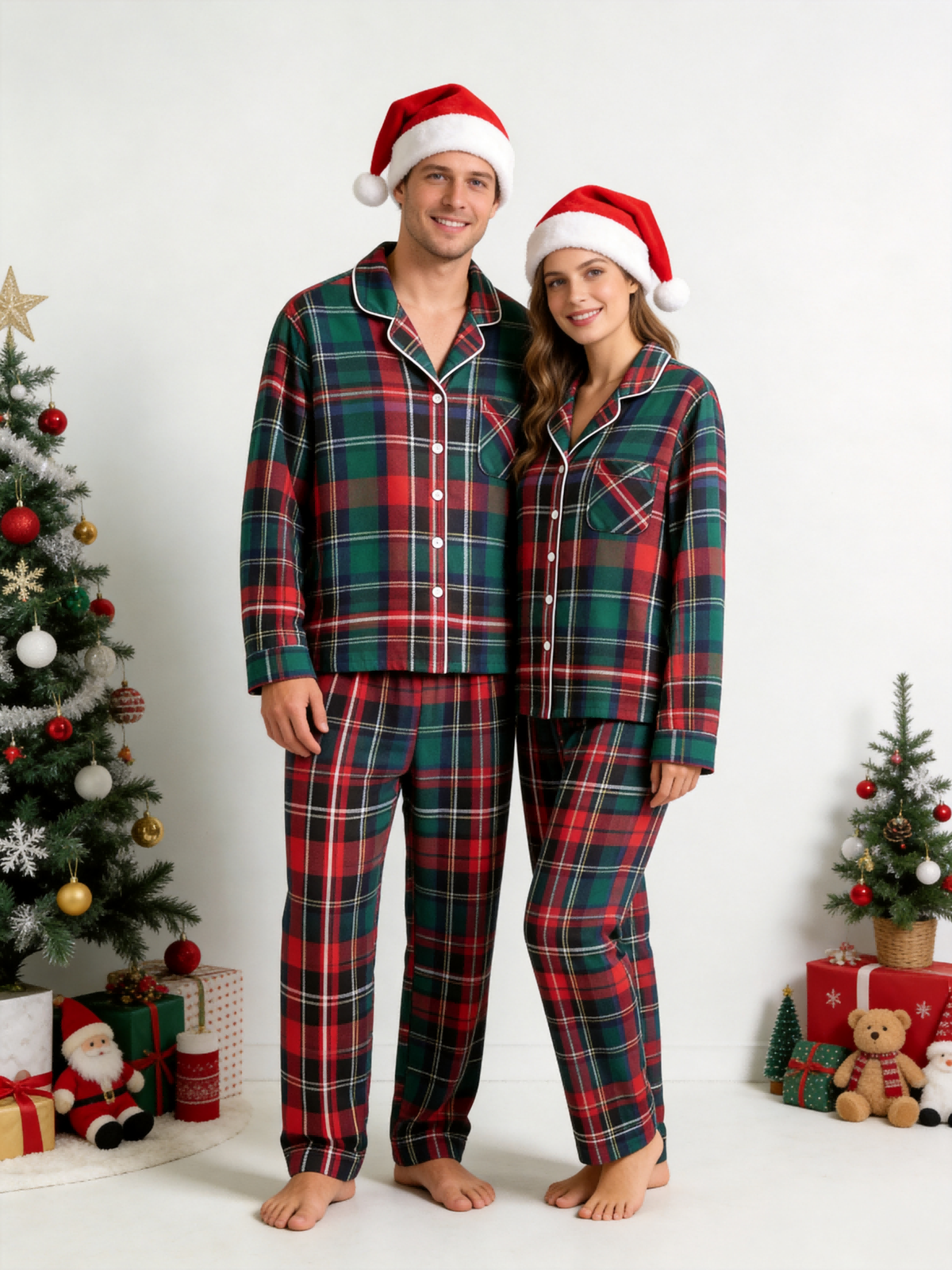 Classic Red & Green Colorblock Tartan Plaid Women Christmas Pajamas - Button-Down Sleep Set