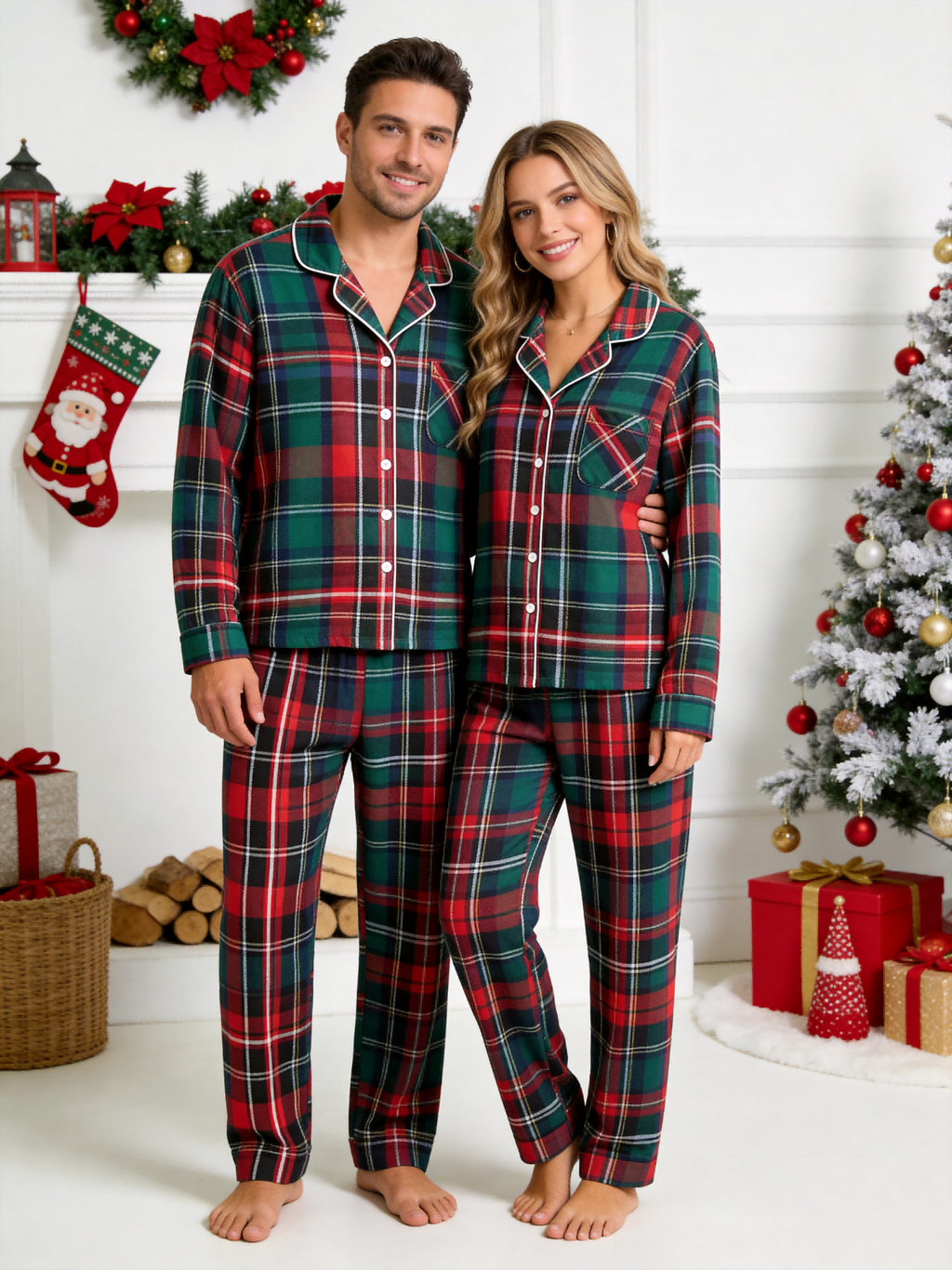 Classic Red & Green Colorblock Tartan Plaid Women Christmas Pajamas - Button-Down Sleep Set