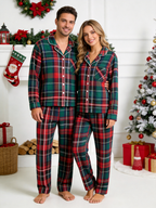 Classic Red & Green Colorblock Tartan Plaid Women Christmas Pajamas - Button-Down Sleep Set