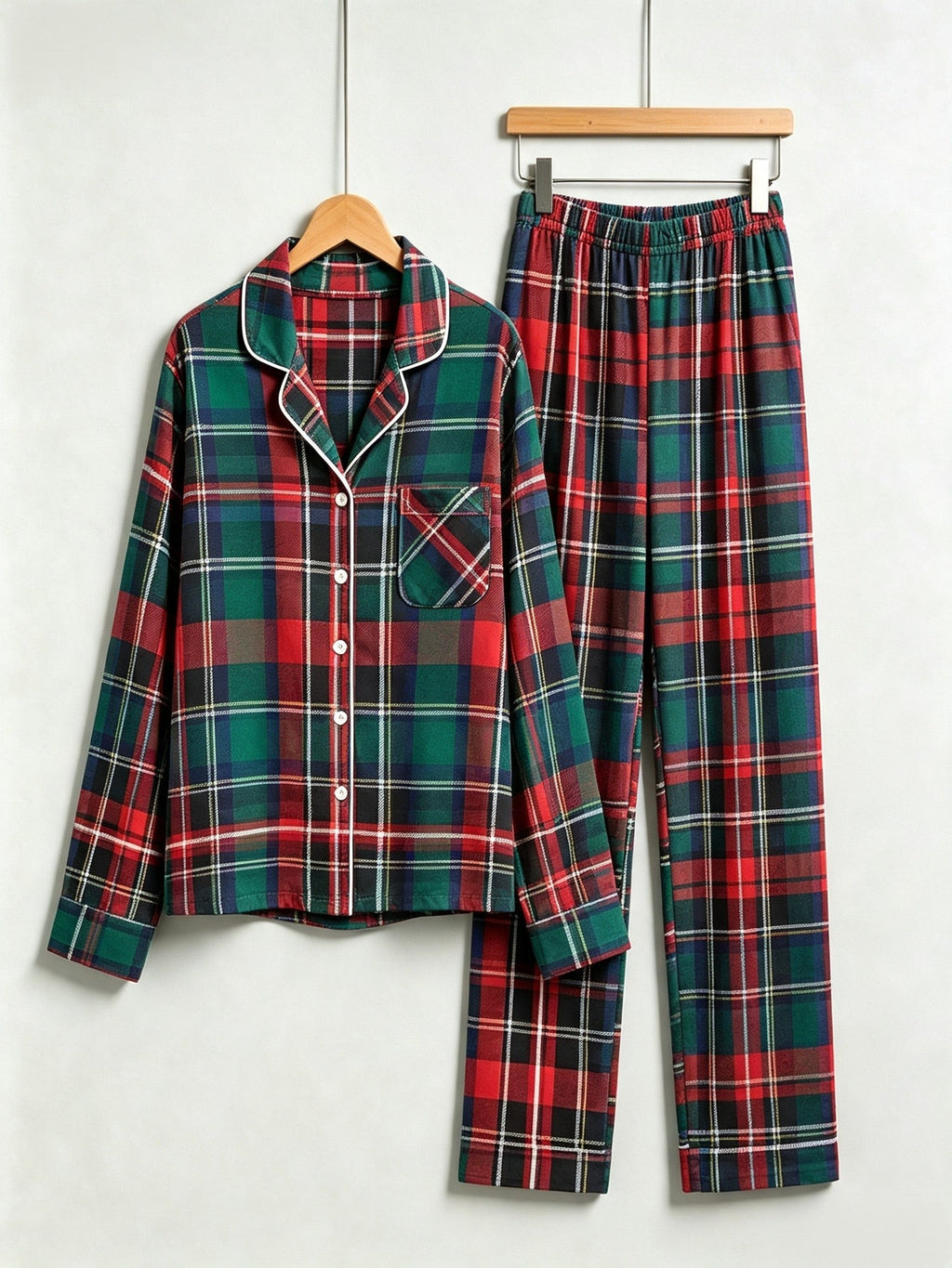 Classic Red & Green Colorblock Tartan Plaid Women Christmas Pajamas - Button-Down Sleep Set