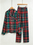 Classic Red & Green Colorblock Tartan Plaid Women Christmas Pajamas - Button-Down Sleep Set