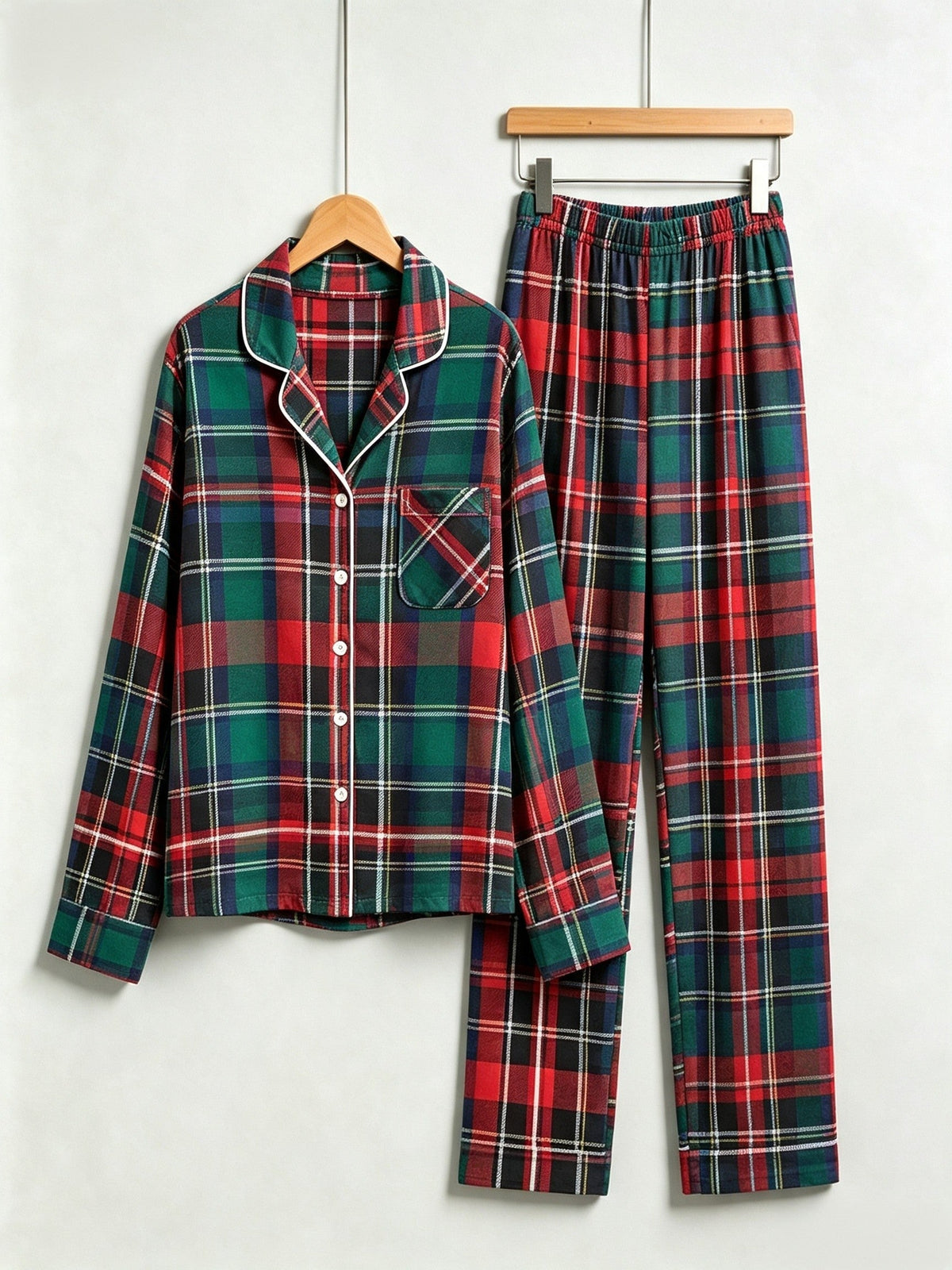 Classic Red & Green Colorblock Tartan Plaid Women Christmas Pajamas - Button-Down Sleep Set