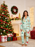 Festive Mint Santa Sleigh & Snowy Village Women Christmas Pajamas